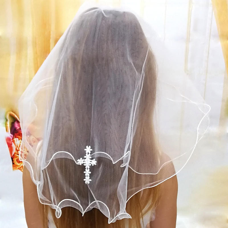 Girls First Holy Communion White Tulle Veil with Embroidered Cross Girls First Holy Communion White Tulle Veil with Embroidered Cross